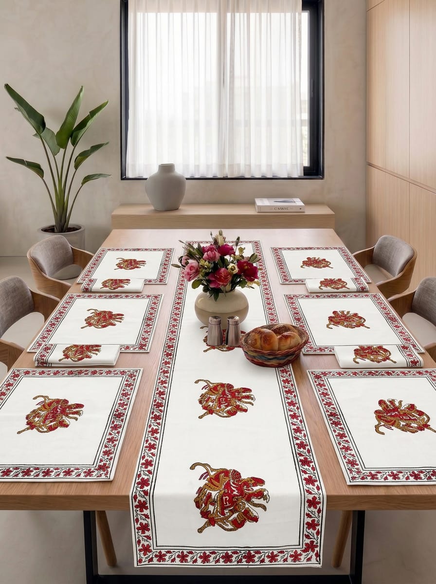 Hand Block Printed Jaipuri Dining Table Set